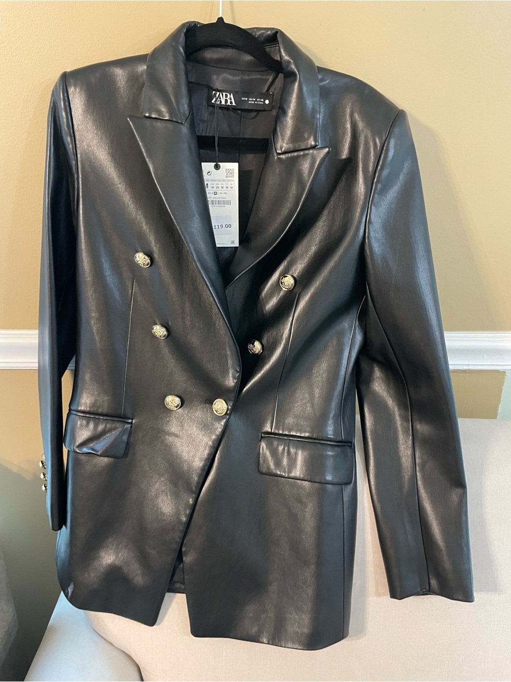 Zara Black Faux Leather Double-Breasted Blazer with Gold Buttons